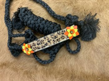 Showman Woven black nylon mule tape halter with hand painted 3D flower accent on hair on cheetah noseband #2
